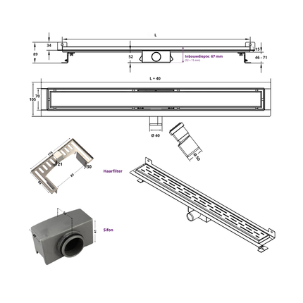 CityLine RVS douchegoot 120 cm muurflens met zijuitloop