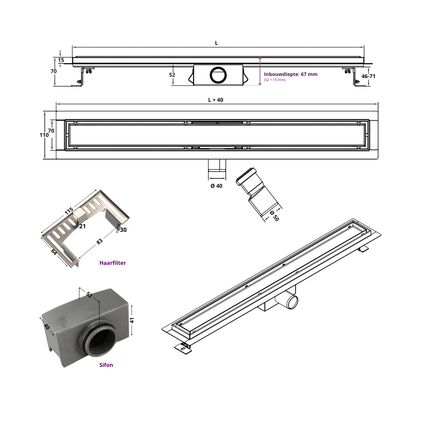 CityLine RVS douchegoot 140 cm flens met zijuitloop
