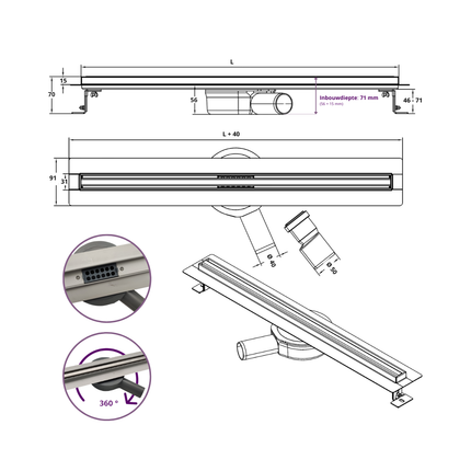 CityLine RVS Flex douchegoot 80 cm Flens "Line" - 360 ° Draaibaar sifon
