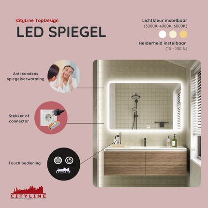 CityLine TopDesign Moderne Badkamer Spiegel  "Alghero" - 80 x 120 cm - LED & Anti-condens