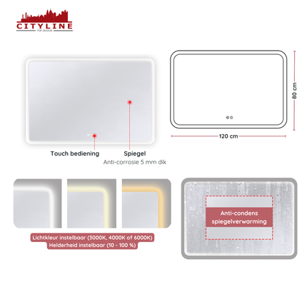 CityLine TopDesign Moderne Badkamer Spiegel  "Alghero" - 80 x 120 cm - LED & Anti-condens