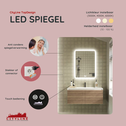 CityLine TopDesign Moderne Badkamer Spiegel  "Alghero" - 80 x 60 cm - LED & Anti-condens