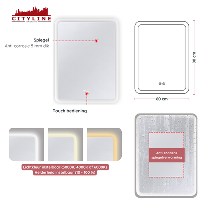 CityLine TopDesign Moderne Badkamer Spiegel  "Alghero" - 80 x 60 cm - LED & Anti-condens