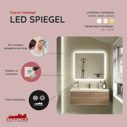CityLine TopDesign Moderne Badkamer Spiegel  "Alghero" - 80 x 90 cm - LED & Anti-condens
