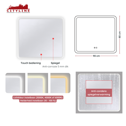 CityLine TopDesign Moderne Badkamer Spiegel  "Alghero" - 80 x 90 cm - LED & Anti-condens