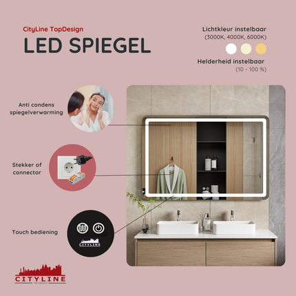 CityLine TopDesign Moderne Badkamer Spiegel  "Bosa" - 80 x 120 cm - LED & Anti-condens