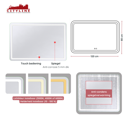 CityLine TopDesign Moderne Badkamer Spiegel  "Bosa" - 80 x 120 cm - LED & Anti-condens
