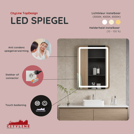 CityLine TopDesign Moderne Badkamer Spiegel  "Bosa" - 80 x 60 cm - LED & Anti-condens