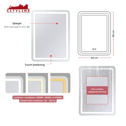CityLine TopDesign Moderne Badkamer Spiegel  "Bosa" - 80 x 60 cm - LED & Anti-condens