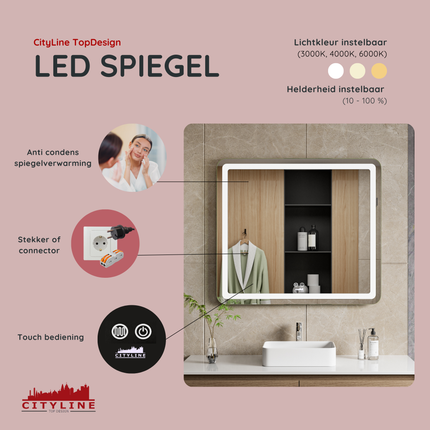 CityLine TopDesign Moderne Badkamer Spiegel  "Bosa" - 80 x 90 cm - LED & Anti-condens
