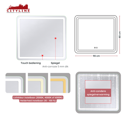 CityLine TopDesign Moderne Badkamer Spiegel  "Bosa" - 80 x 90 cm - LED & Anti-condens