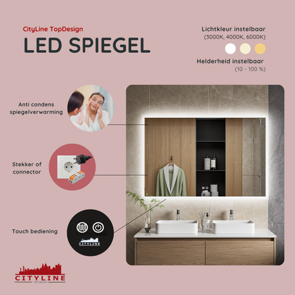CityLine TopDesign Moderne Badkamer Spiegel  "Oristano" - 80 x 120 cm - LED & Anti-condens