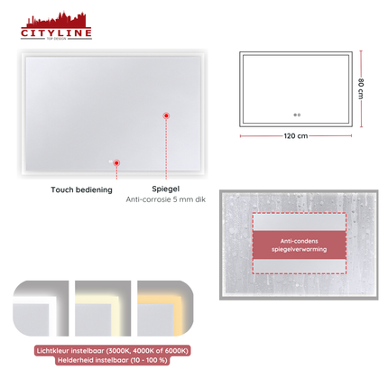 CityLine TopDesign Moderne Badkamer Spiegel  "Oristano" - 80 x 120 cm - LED & Anti-condens