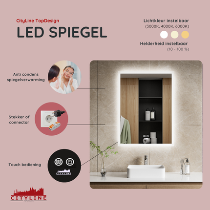 CityLine TopDesign Moderne Badkamer Spiegel  "Oristano" - 80 x 60 cm - LED & Anti-condens
