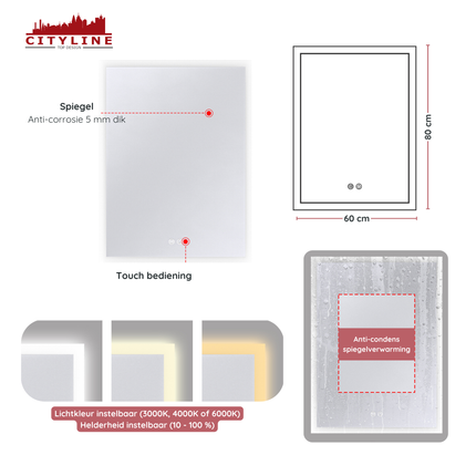 CityLine TopDesign Moderne Badkamer Spiegel  "Oristano" - 80 x 60 cm - LED & Anti-condens