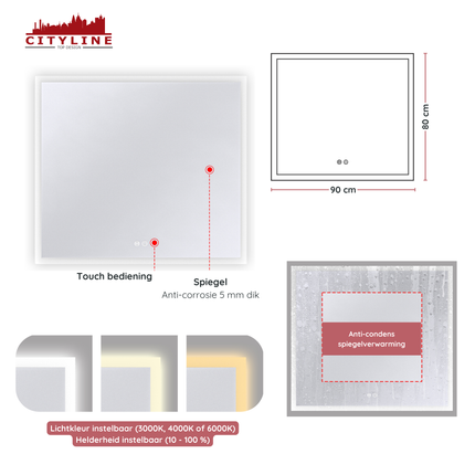 CityLine TopDesign Moderne Badkamer Spiegel  "Oristano" - 80 x 90 cm - LED & Anti-condens