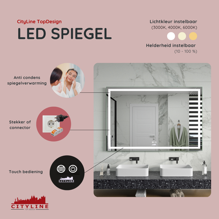 CityLine TopDesign Moderne Badkamer Spiegel  "Ottana" - 80 x 120 cm - LED & Anti-condens