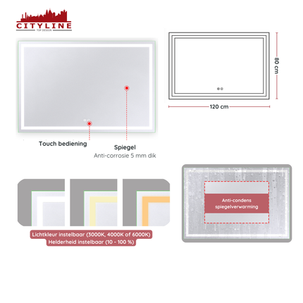CityLine TopDesign Moderne Badkamer Spiegel  "Ottana" - 80 x 120 cm - LED & Anti-condens