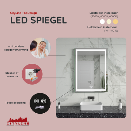 CityLine TopDesign Moderne Badkamer Spiegel  "Ottana" - 80 x 60 cm - LED & Anti-condens