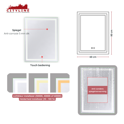 CityLine TopDesign Moderne Badkamer Spiegel  "Ottana" - 80 x 60 cm - LED & Anti-condens
