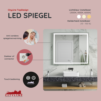 CityLine TopDesign Moderne Badkamer Spiegel  "Ottana" - 80 x 90 cm - LED & Anti-condens