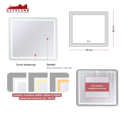 CityLine TopDesign Moderne Badkamer Spiegel  "Ottana" - 80 x 90 cm - LED & Anti-condens