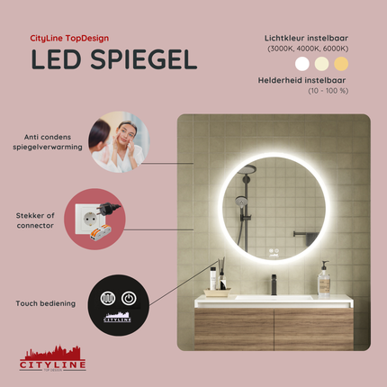 CityLine TopDesign Moderne Badkamer Spiegel  "Portobello" - Rond - 60 cm - LED & Anti-condens