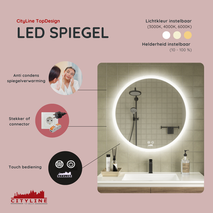 CityLine TopDesign Moderne Badkamer Spiegel  "Portobello" - Rond - 70 cm - LED & Anti-condens