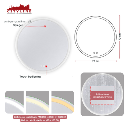 CityLine TopDesign Moderne Badkamer Spiegel  "Portobello" - Rond - 70 cm - LED & Anti-condens