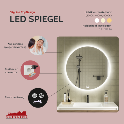 CityLine TopDesign Moderne Badkamer Spiegel  "Portobello" - Rond - 80 cm - LED & Anti-condens