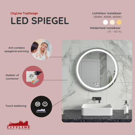 CityLine TopDesign Moderne Badkamer Spiegel  "Villamar" - Rond - 60 cm - LED & Anti-condens