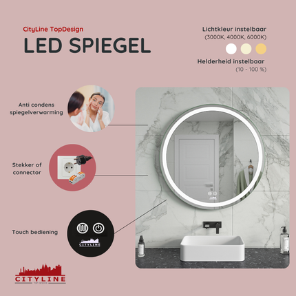 CityLine TopDesign Moderne Badkamer Spiegel  "Villamar" - Rond - 70 cm - LED & Anti-condens