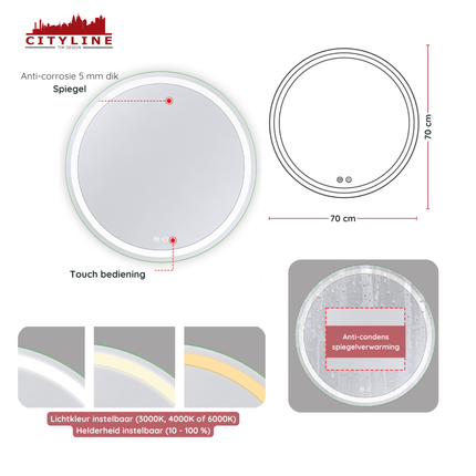 CityLine TopDesign Moderne Badkamer Spiegel  "Villamar" - Rond - 70 cm - LED & Anti-condens