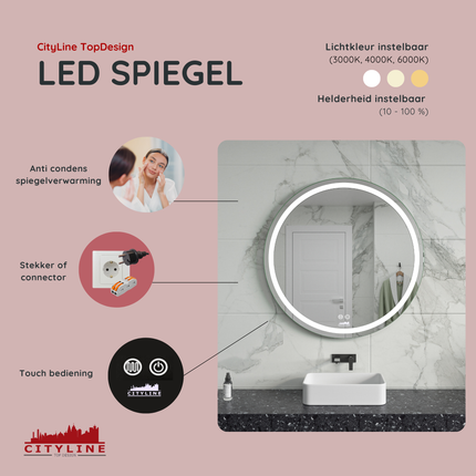 CityLine TopDesign Moderne Badkamer Spiegel  "Villamar" - Rond - 80 cm - LED & Anti-condens